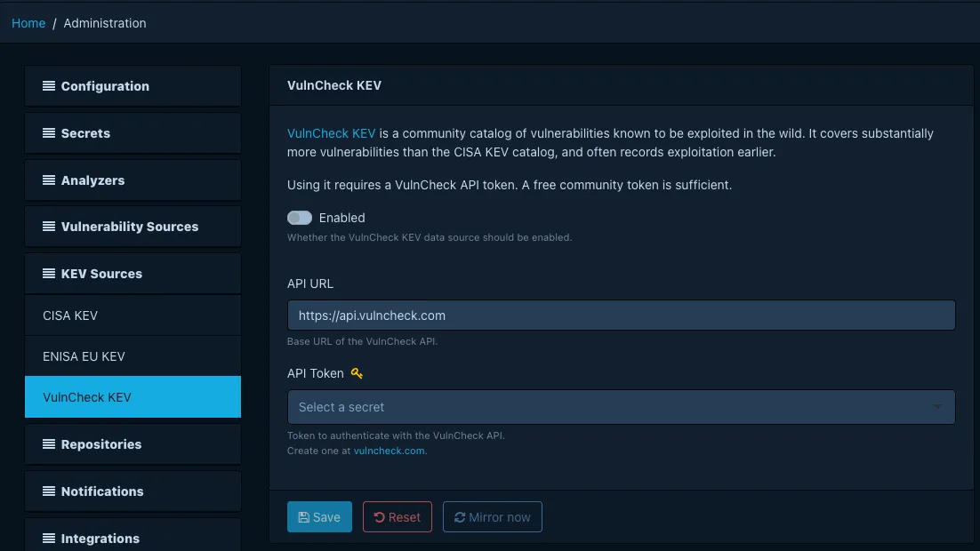 Configuration of the VulnCheck KEV source